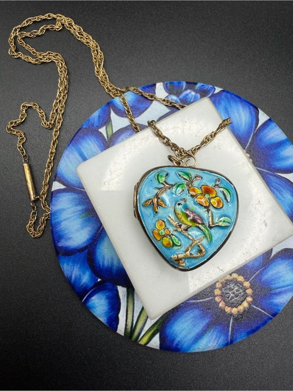 Vintage Bird Locket Pendant necklace gold on silver 925 #S11 enamel cloisonné